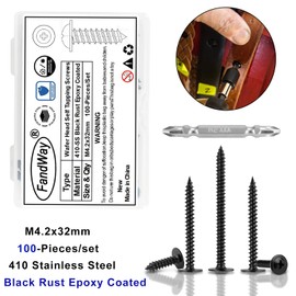 FandWay 100Pcs Wafer Head Self Tapping Screws Black,M4.2x32mm Wood Screws 410 Stainless Steel,Modified Truss Head Self Drilling Screw,Sheet Metal Screw Phillips Drive for Aluminum WoodWork Plastics.