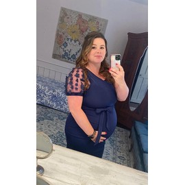 Floral Mesh Bishop Short Sleeve Maternity Midi Dress, Summer Maternity Bodycon Dress for Baby Shower/Photoshoot/Wedding Guest Navy