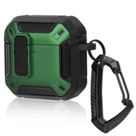 Case Cover Compatible with 2024 Airpods 4th Generation,Tpu Material with Lock Cover and Keychain Hook,Double-Layer Dustproof and Shockproof Solid Shell,Led Light Visible (Black-green)