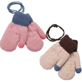 Ccomage 2 Pairs Thick Knit Baby Winter Mittens 0-3Y Girls Boys Toddler Cold Weather Warm Knit Mittens On String Kids Insulated Snow Fleece Gloves with Warm Lining for Christmas New Years Gift