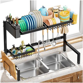 YKLSLH Over The Sink Dish Drying Rack 2 Tiers, for All Sinks (24.8"-35.4"),Expandable Large Capacity Sink Rack, Metal Drying Rack for Kitchen and Family Use