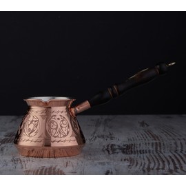 DEMMEX 15 Oz Thickest Copper Turkish Greek Arabic Coffee Pot, Stovetop Coffee Maker, Cezve Ibrik Briki with Wooden Handle & Spoon, Hand Engraved (Copper, 6 Servings)