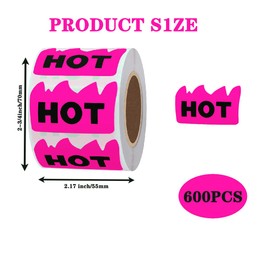 CHOULULUED 600pcs Rave Hot Stickers 2 x 1-1/5 Inch Fluorescent Red Hot Flame Fire Shaped Stickers Marking Popular Items for Restaurant Supermarkets Stores Shops (Pink)