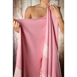 Happy Towels Hammam Towel, Bath Towel, Sauna Towel, Extra Long & Soft Woven, 210 cm x 95 cm, 60% Tencel™ Lyocell and 40% Cotton, Fairtrade (Pink and White, 1)