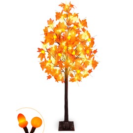 4 FT Fall Tree with Lights Autumn Decor 63 LED Warm Lights with 3D Pumpkins Light, Remote Control & Timer, 8 Light Modes Acorn Thanksgiving Harvest Fall Autumn Decor