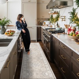 Hallway Washable Runner Rug - 2'6x14 Kitchen Rugs Entryway Rug Runner Vintage Soft Floor Mat Non Slip Indoor Farmhouse Carpet for Bathroom Living Room Bedroom (2'6''x14', Beige)