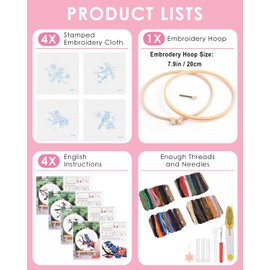 TINDTOP Embroidery Kit for Adults, Flowers and Bird Embroidery Practice Kits for Beginners Adults Include Embroidery Cloth Hoops Threads for Craft Lover Hand Stitch