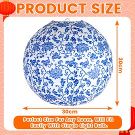 Paper Lampshade Hanging Light Shade 30cm, Oriental Ribbed Japanese Ceiling Fixture with Cherry Blossom & Floral Patterns, Perfect for Home Lighting, Wedding,Party & Boho Decor (Blue Porcaline Flower)