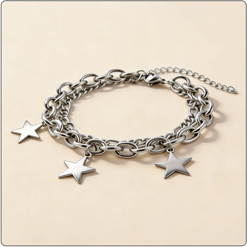 Fusamk Women’s Star Bracelet Stainless Steel Link Chain, Double Layer