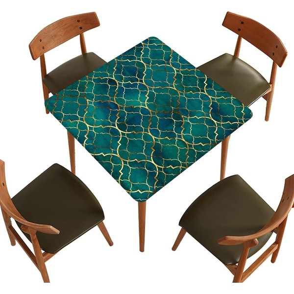 Square Fitted Polyester Tablecloth, Green Gold Marble Elastic Edge Home