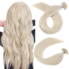 Ugeat Hair Extensions, Real Hair Bonds, Nail Tip, #60A White Blonde, 60 cm, Remy U Tip Pre Bonded Fusion Hair Extensions, 50 g, 50 Strands