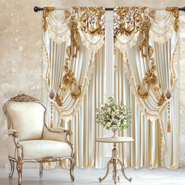 Riyidecor White Gold Golden Curtains Vintage Elegant Luxury (no Tassel) European Rod Pocket Women Girls Gorly Modern Bedroom Living Room Treatment Fabric 2 Panels 52Wx84H Inch