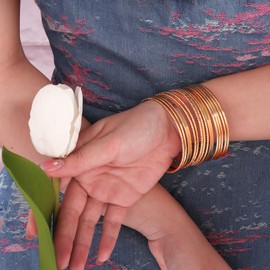 MILAKOO 14Pcs Gold Bangle Cuff for Women Vintage Texture Silver Glitter Multi Layer Bracelets Gifts