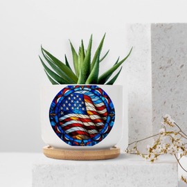 DecStic Stained Glass American Flags Planter Ceramic Round Plant Pot with Drainage Holes and Bamboo Tray Pot for Home Office Decoration