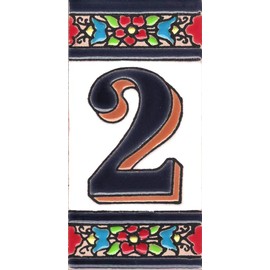 TORO Del Oro House Numbers, Numbers and Letters in Enamelled Ceramic Tile, Hand Painted Technique, Dry Rope, Names and Address Design, Medium Flower Design, 5.5 x 10.5 cm (Number Two "2")