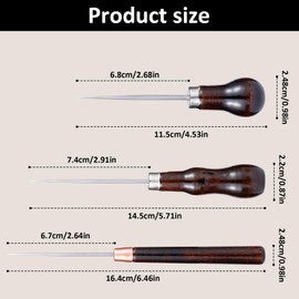 Bewudy 3 Pack Scratch Awl Tool Set with Wooden Handle Gourd Shape Pin Punching for Leather Punch Hole Craft Repair Shoes Sewing Crochet DIY Handmade Stitch