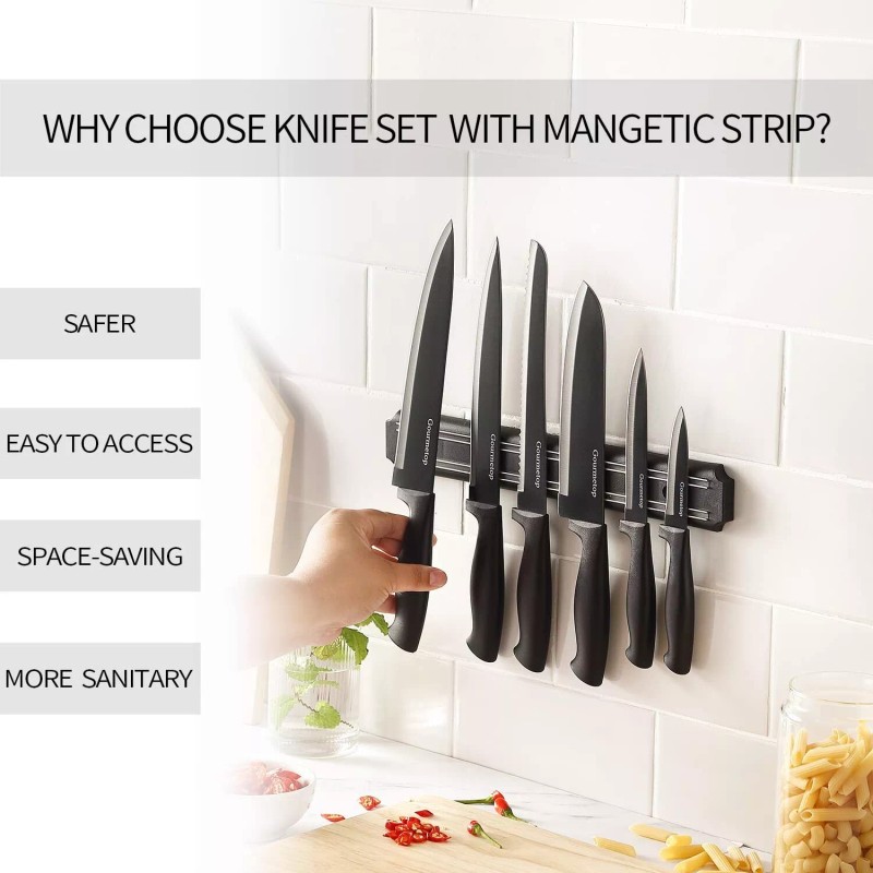Gourmetop Kitchen Knife Set with No Drilling Magnetic Strip for