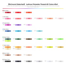 Richword Embroidery Machine Thread 40 Colors 40WT (108D/2) Polyester Thread Kit Each Spool 4000M (4374Y) Suitable for Embroidery Machines and Sewing Machines