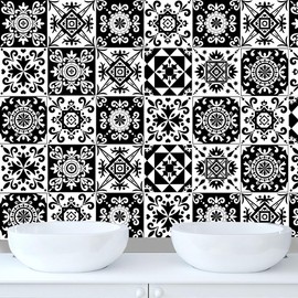 24pcs Moroccan Tile Stickers 15x15cm Bathroom Black and white Tile Stickers For Kitchen Bathroom Living Room Fireplace Stairs Home Waterproof Stickers For Tile Peel And Stick Tile Decals 6"x6"