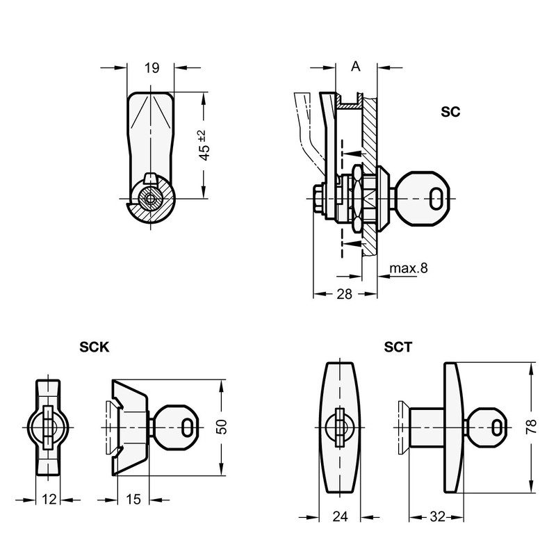 Ganter Normelemente GN 115-SCT-14 115-SCT-14 Locking with Cylinder Key, Actuation