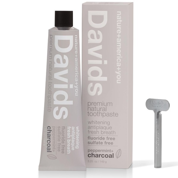 Davids Natural Charcoal Toothpaste for Enhanced Teeth Whitening, Peppermint, Antiplaque, Flouride Free, SLS Free, Enamel Safe, Toothpaste Squeezer Included, Recyclable Metal Tube, 5.25oz