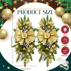 Lyrow 8 Pcs Christmas Artificial Swags 24" Xmas The Cordless Prelit Stairway Swag Teardrop Trim Wreath Door Stair Swag Garland Christmas Swags for Garden Decor Battery Operated(Gold,Retro)