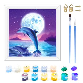 Dolphine Painting by Numbers for Children and Adults, DIY Hand-Painted Kits with 2 Brushes and Frame, 18 x 18 cm, Painting by Numbers Junior for Home Decoration and Gifts