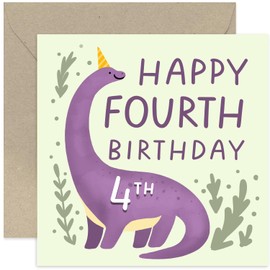 Old English Co. Happy 4th Birthday Card for Boy or Girl - Purple Dinosaur Fourth Birthday Card - Age Four Card - For Son, Daughter, Grandson, Granddaughter | Blank Inside Envelope
