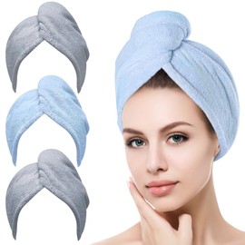 Toalla Microfibra para Cabello 3 Pack, Toalla de Cabello Seco con Botones, Gorro de Baño Ultra Absorbente de Agua, Secado de Pelo Súper Rápido, Turbante Suave Anti Frizz para Mujer (Gris Azul Gris)