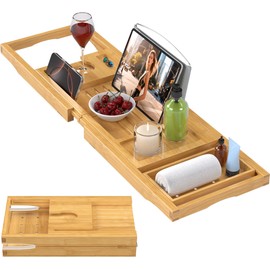 Foldable Bathtub Caddy Tray for Tub,Bamboo Expandable Bath Table Trays,Premium Bathroom Accessories for New Home & Mothers Day & Birthday Gifts for Couples,Natural