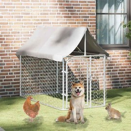 vidaXL Outdoor Dog Kennel with Roof, Heavy-Duty Galvanized Steel Construction, Roomy Play Paradise, UV Protected and Fire- Canopy - Silver
