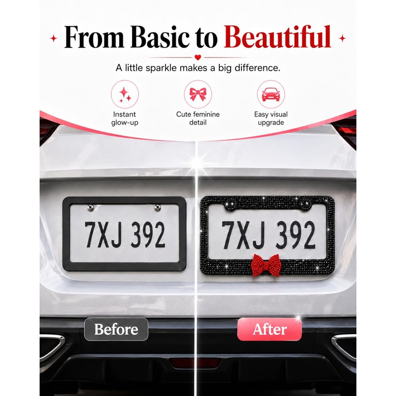 1 Pack Bling License Plate Frames for Women with Bow,