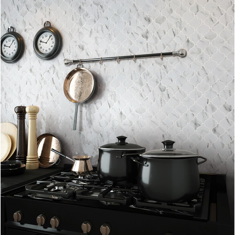 Recycled Glass Mosaic Tile: Arabesque Lantern Pattern, Carrara Marble Look,