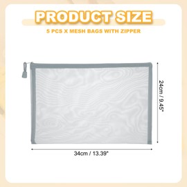 PATIKIL A4 Mesh Zipper Pouch Bags, 5 PCS Mesh Bags with Zipper Plastic Storage Pocket for Organizing File Beads Office Home Supplies, 34x24cm, Gray
