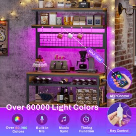 Itaar Bakers Rack with Power Outlet, 6-Tier Coffee Bar, Microwave Stand with Wine Rack, LED Lights and 10 Hooks, Bakers Racks for Kitchens with Storage, Rustic Brown