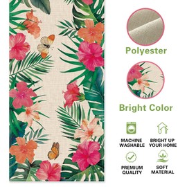 Croar Summer Hibiscus Flower Dining Table Runner, Tropical Plant Palm Leaves Monstera Butterfly Burlap Kitchen Decoration, Spring Hawaiian Luau Indoor Outdoor Home Decor Party Supply 13 x 72 Inches