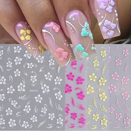 Flower Nail Stickers for Nail Art, 4Pcs Floral Nail Decals White Pink Yellow Flowers Nail Design Stickers 3D Self-Adhesive Nail Art Supplies Summer Floral Nail Decoration for Women DIY Manicure