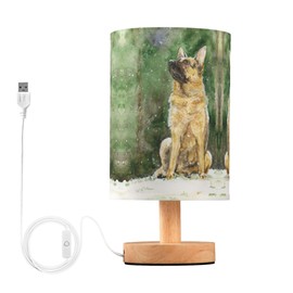 YYZZH Table Lamp German Shepherd Dog Snowflake Nightstand Lamp with Wood Base Fabric Lamp Shade Bedside Desk Lamp for Living Room Bedroom Kids Room Office