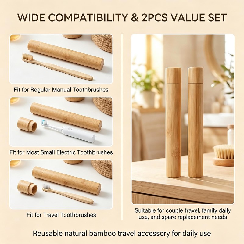 2 Pcs Travel Bamboo Toothbrush Case with Breathable Drain Hole