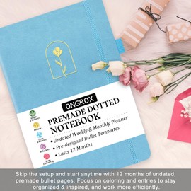 Premade Bullet Style Notebook with Undated Weekly & Monthly Planner, Dotted Journal with Pre-made Bullet Planner Stencils, Dot Grid Journaling with Habits & Mood Tracker, 12 Month Organization, A5