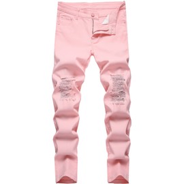 Boy's Pink Skinny Fit Ripped Distressed Stretch Stylish Fashion Denim Jeans Pants for Kids,202,14