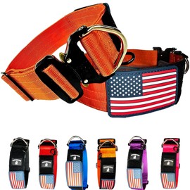 Tactical Dog Collar 2 Inch Wide Thick Heavy Duty Military Style with Metal Buckle, Adjustable for Medium - Large Breeds, Durable K9 Training Gear with Patch Area, USA Flag Patch, Strong and Secure Fit