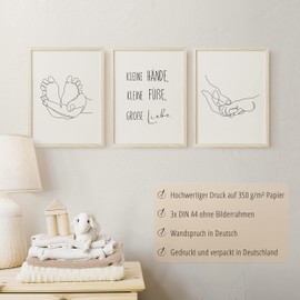 ChicResult Line Art Wall Picture Set of 3 Picture Set Mother Love - Wall Decoration for Baby Room, Baby Room Decoration, Gift for Birth - Wall Saying in German (DIN A4 without Picture Frame)