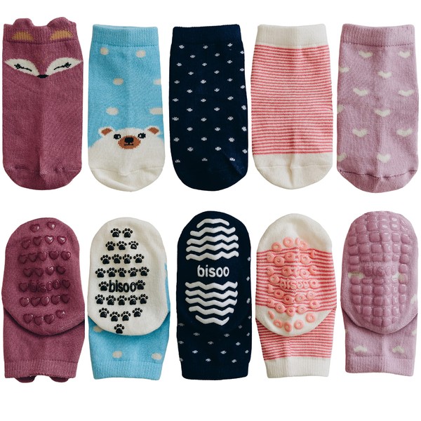 bisoo Non-Slip Baby Socks – Pack of 5 Pairs of Non-Slip Baby Boys and Girls – Oeko-Tex Certified Cotton, Set B