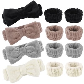 AOPRIE SPA Headbands for Washing Face Makeup Headbands with Bow Hair Band Women Facial Head Band Laurel Wrist Towel Wraps For Shower Face Mask Gray Black White Beige, 12 Pack