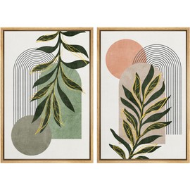 SIGNFORD Framed Canvas Print Wall Art Set Jungle Palm Leaf Geometric Polygons Abstract Shapes Illustration Modern Art Decorative Nordic Nature for Living Room, Bedroom, Office - 24"x36"x2 Natural