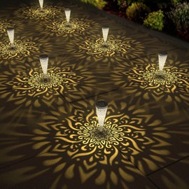 gardencave 6 Pack Solar Lights Outdoor Garden Decorative Mandala Solar Garden Lights with Warm Light Waterproof Solar Pathway Landscape Light for Path Patio Backyard Walkway Yard Decor (White)