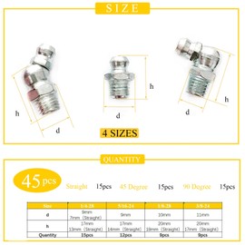 Yoliko 1/4"-3/8" 45Pcs 4 Sizes Grease Fitting Assortment Straight 45 90 Degree Grease Zerk Fittings,Galvanized Steel Grease Fittings and grease gun tips for Industrial/Agricultural Machinery