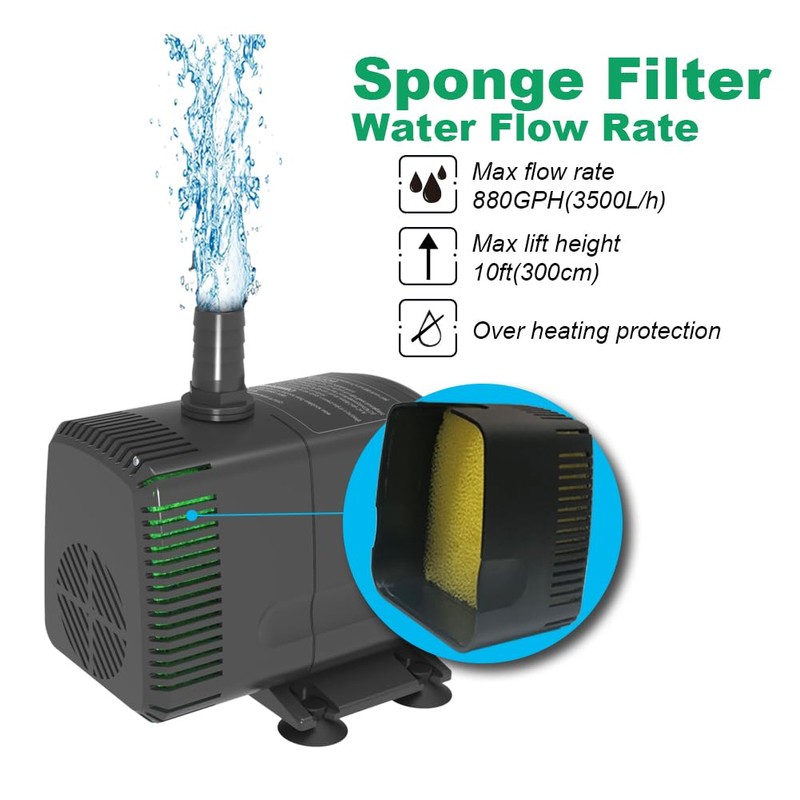 Knifel Submersible Pump 880GPH (3500L/H 60W) Ultra Quiet with Over