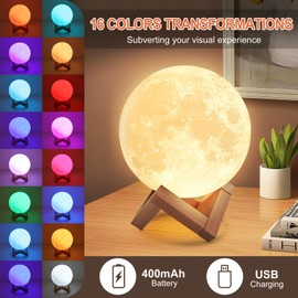 Moon Lamp 3D 15 cm/5.9 Inch Night Light Upgraded 16 Colour Setting, Wooden Stand, Remote Control and USB Charging, Moonlight Decor for Adults, Girls, Children, Birthday, Valentine's Day Gifts for